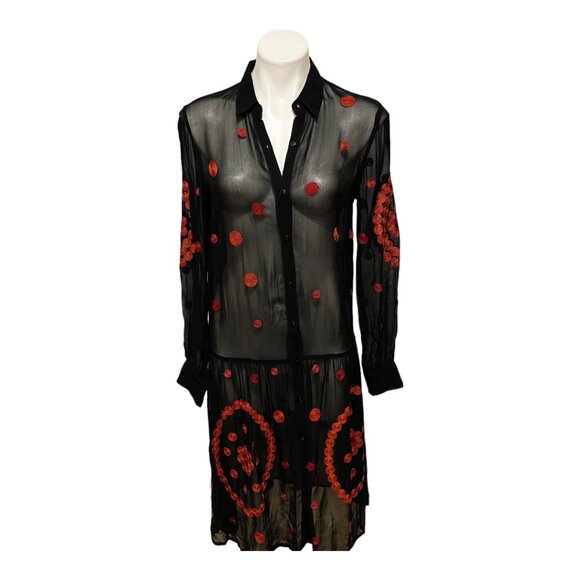 ASOS Dresses & Skirts - ASOS Size 4 Black Long Sleeve Semi Sheer Button Down Embroidered Midi Dr…